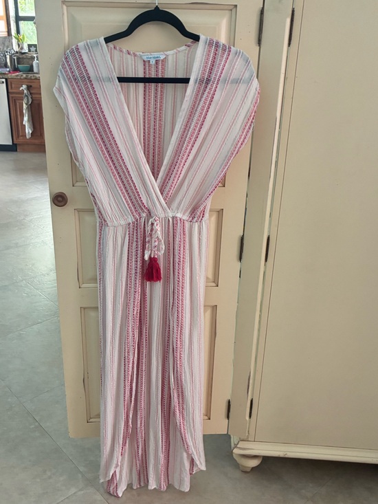 blue island Dresses & Skirts - Blue Island Lightweight Pink Stripe V-Neck Maxi Dress with Tassel Tie